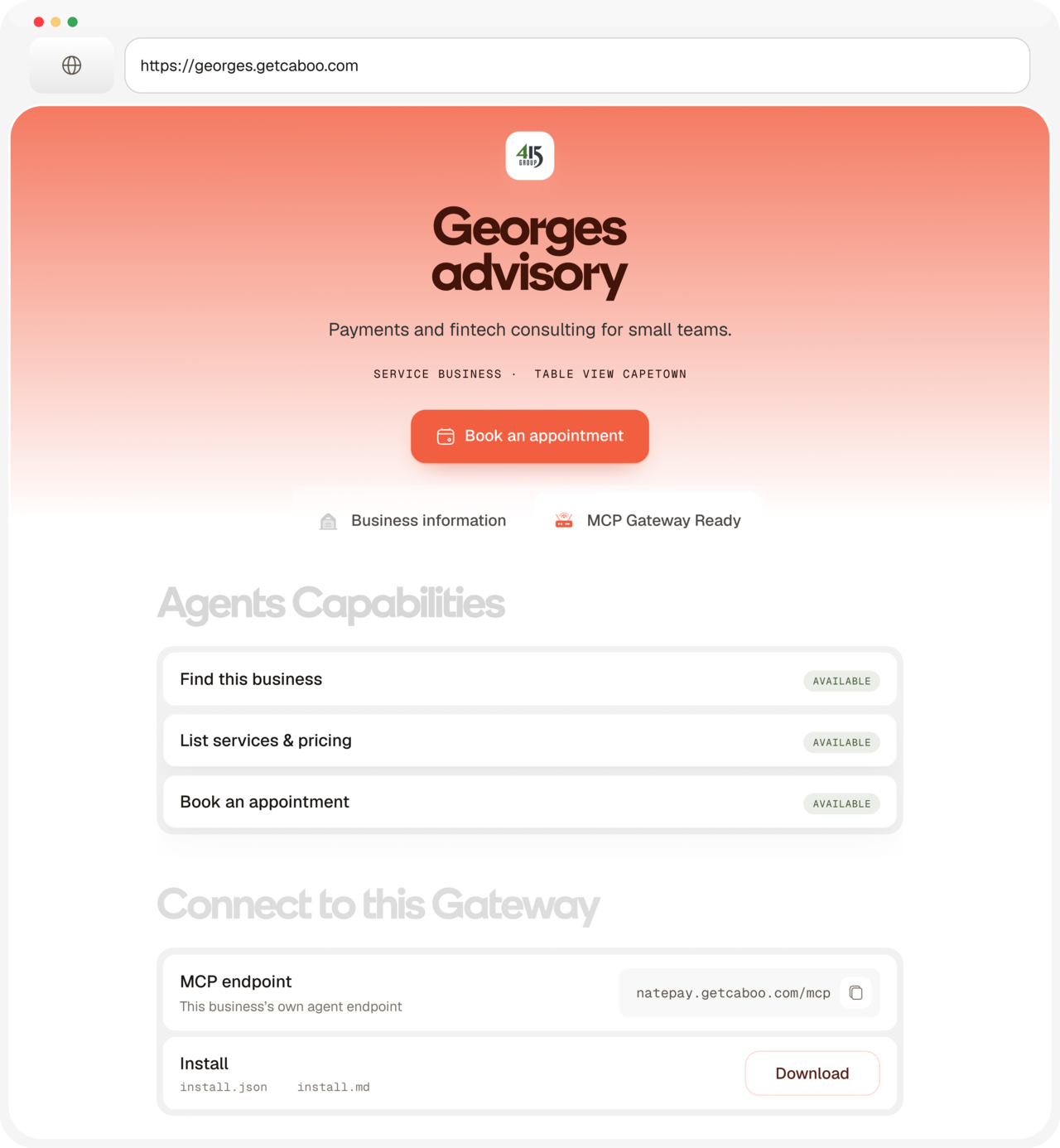 A Caboo business page — Georges advisory — with agent capabilities and an MCP gateway endpoint